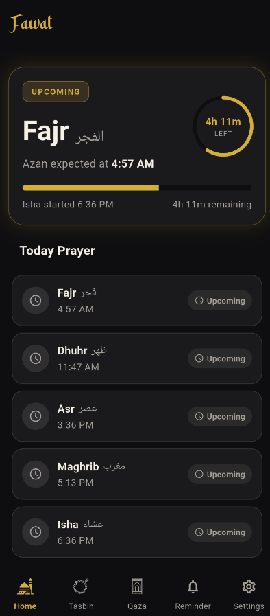 Fawat Daily Prayer Times & Home Screen